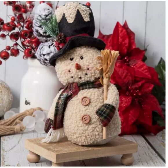 Plush Snowman Holding Broom Festive Snowman Holiday Decoration - Picture 1 of 4